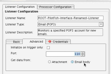 Email (POP3) Adapter Listener Configuration Advanced Panel