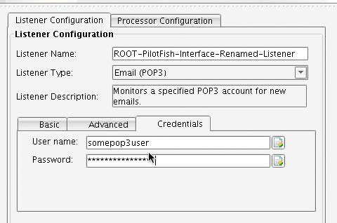 Email (POP3) Adapter LIstener Configuration Credentials Tab