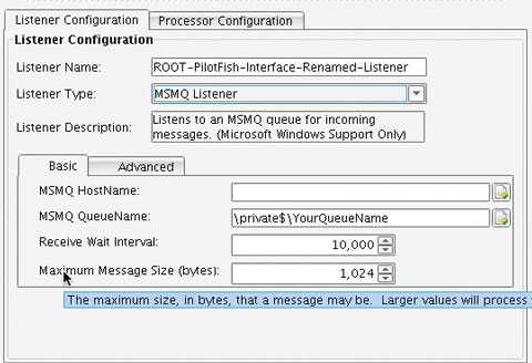 MSMQ Basic Adapter Listener Advanced – This tab lets you specify ...