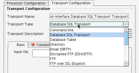 Database SQL Transport Transport Type dropdown menu