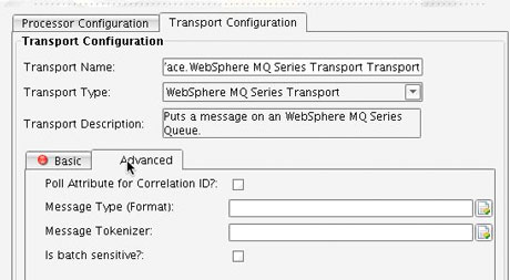 WebSphere MQ Series Transport Advanced tab
